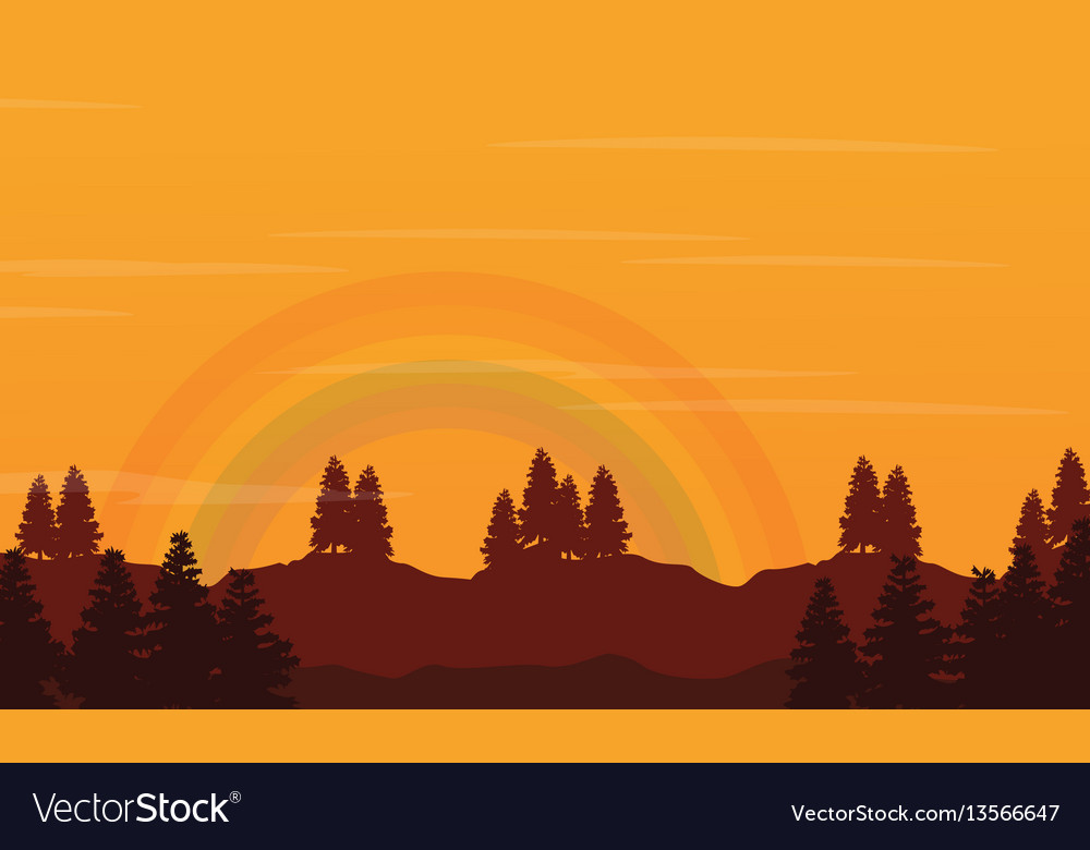 Hill with rainbow beauty landscape silhouettes