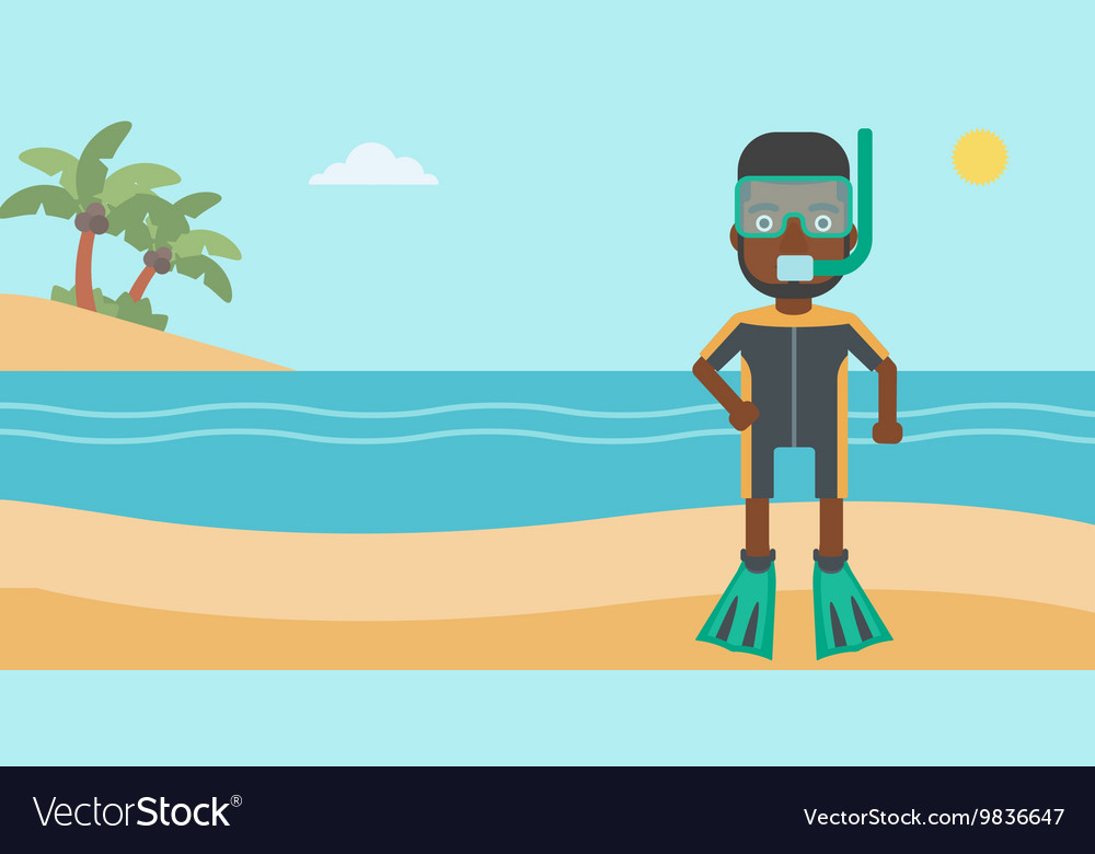 Male scuba diver auf dem strand