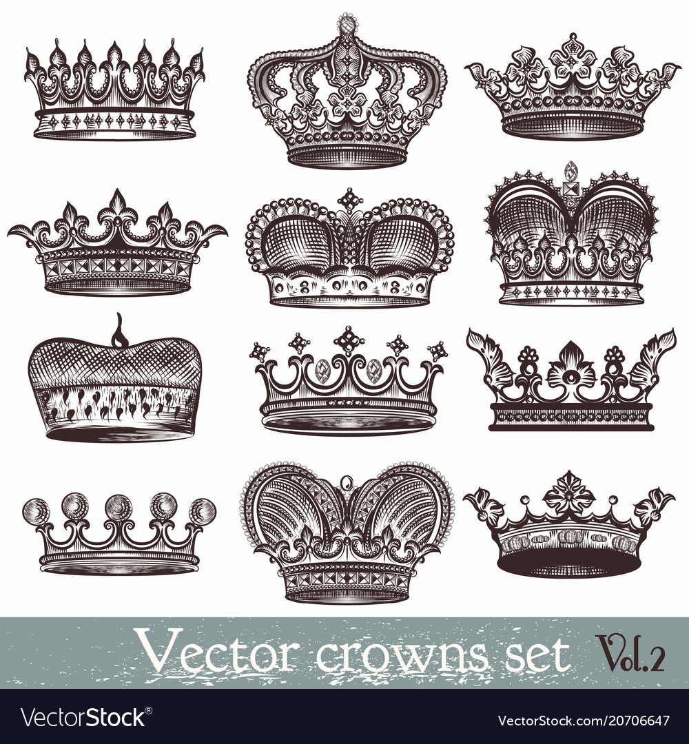 Set hand drawn crowns in vintage style Royalty Free Vector