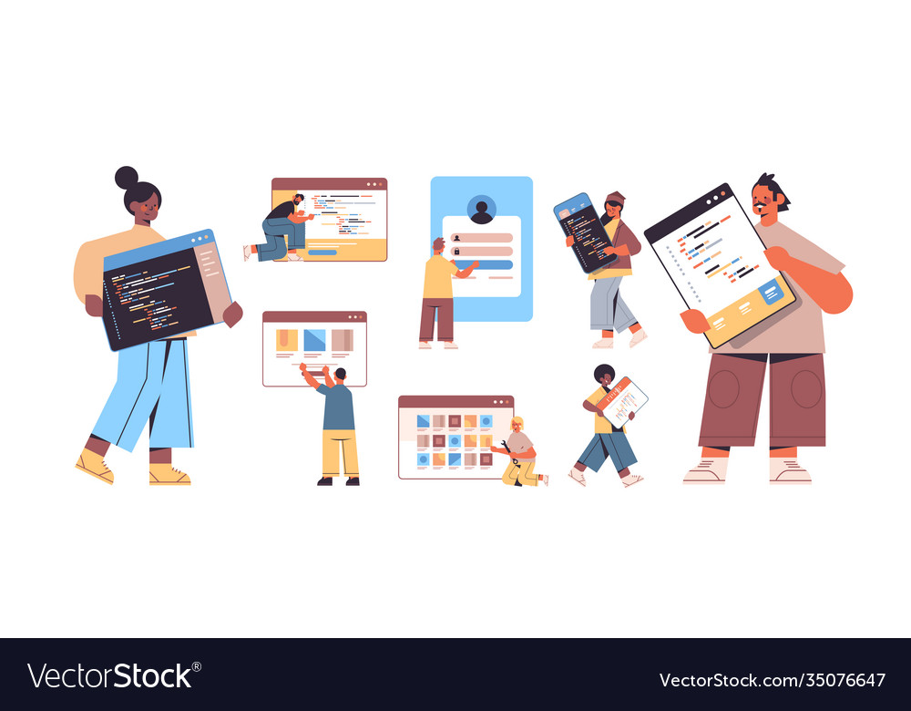Set mix race web developers creating program code vector image Set mix race web developers creating program code