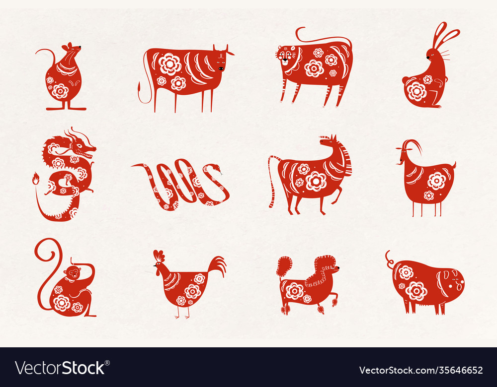 Chinese animals zodiac sign red colored Royalty Free Vector