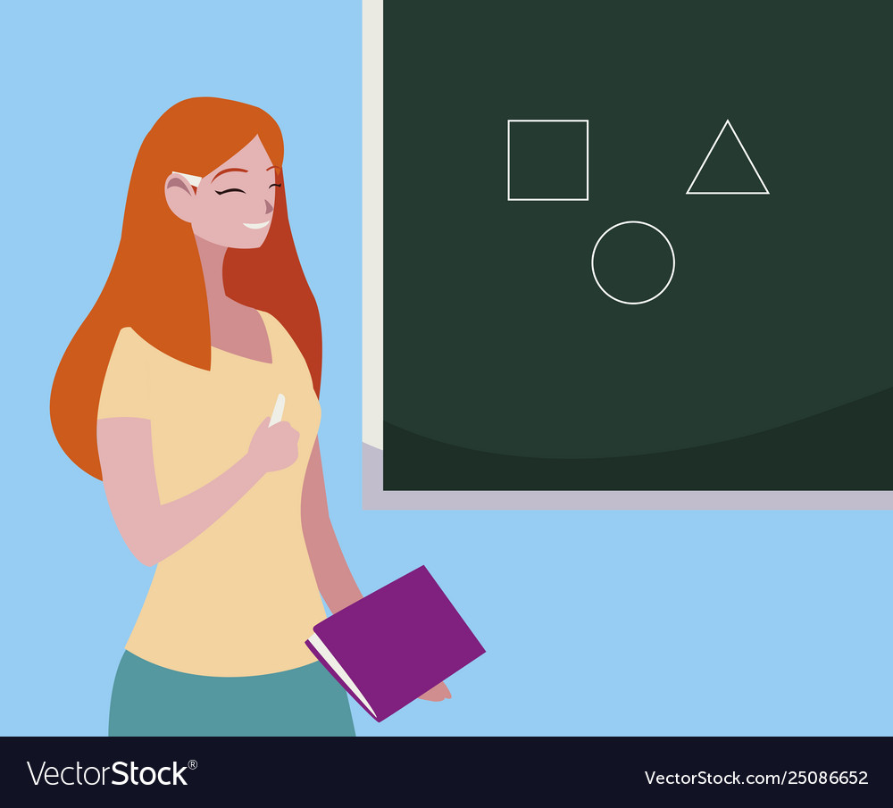 Female teacher with textbook and chalkboard