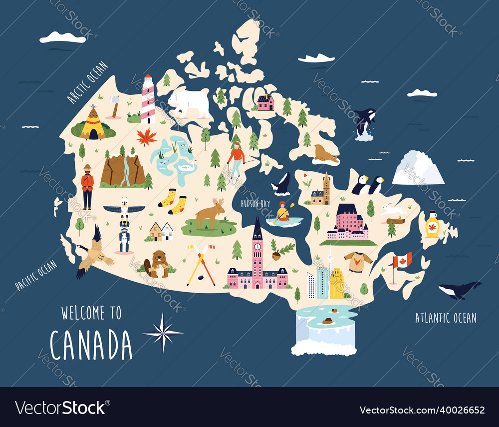 Map of canada with famous Royalty Free Vector Image