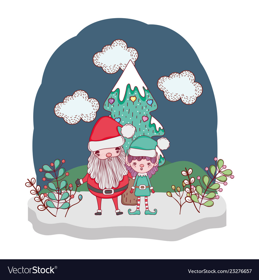 Santa claus with tree and helper in the snowscape Vector Image Santa claus with tree and helper in the snowscape
