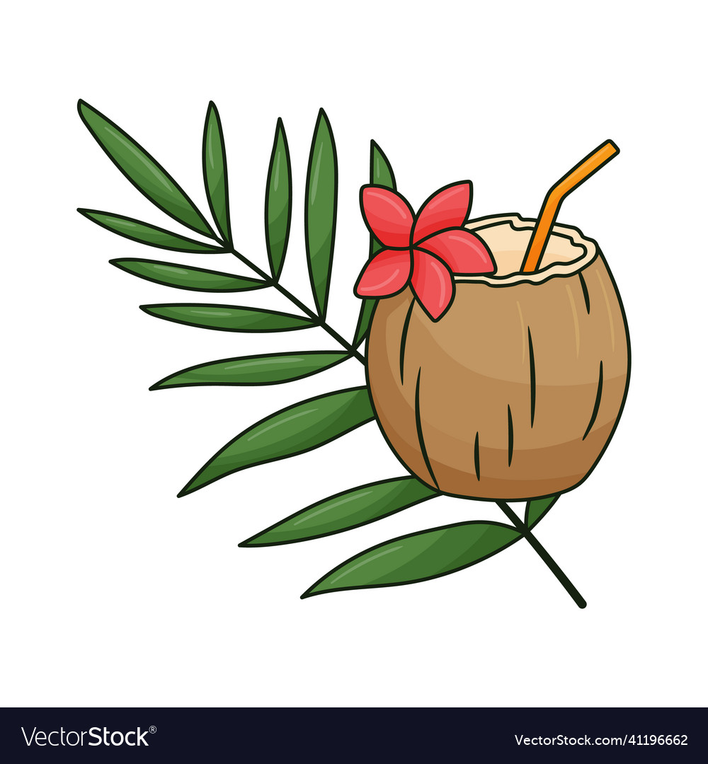 Coconut cocktail with straw flower and palm leaf