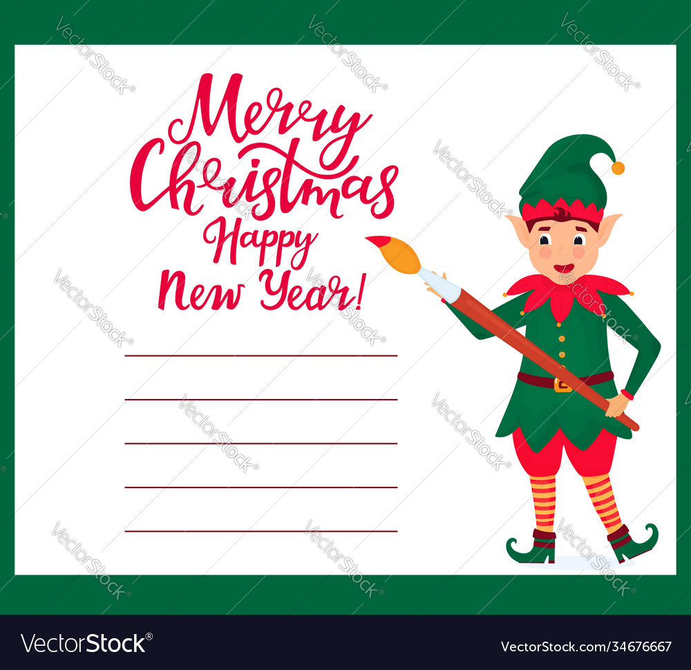 Cheerful elves write a merry christmas and happy