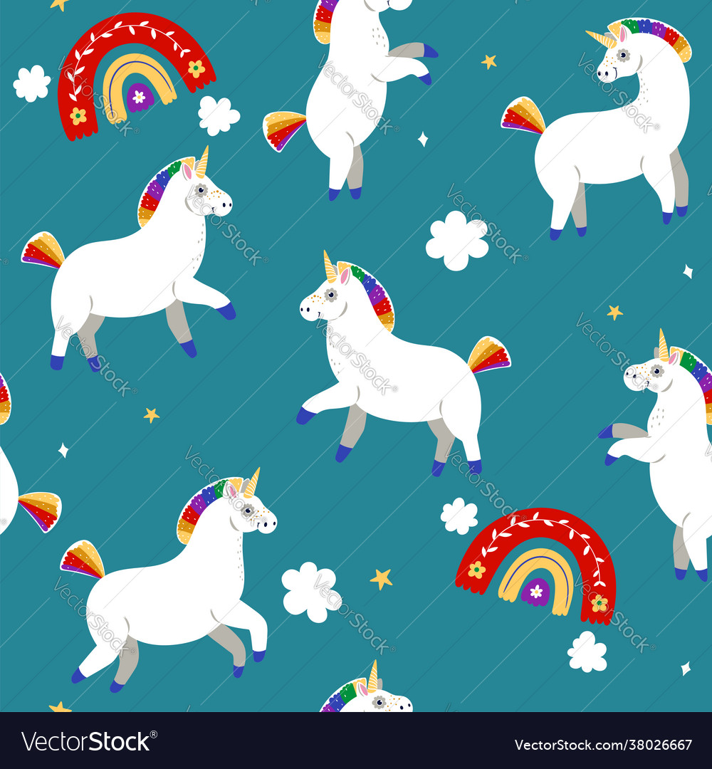Seamless pattern with unicorns and rainbows vector image Seamless pattern with unicorns and rainbows