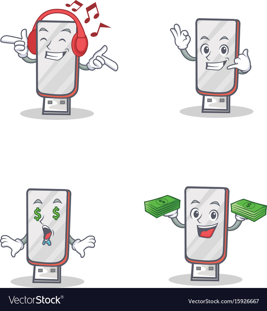Set of flashdisk character with listening music