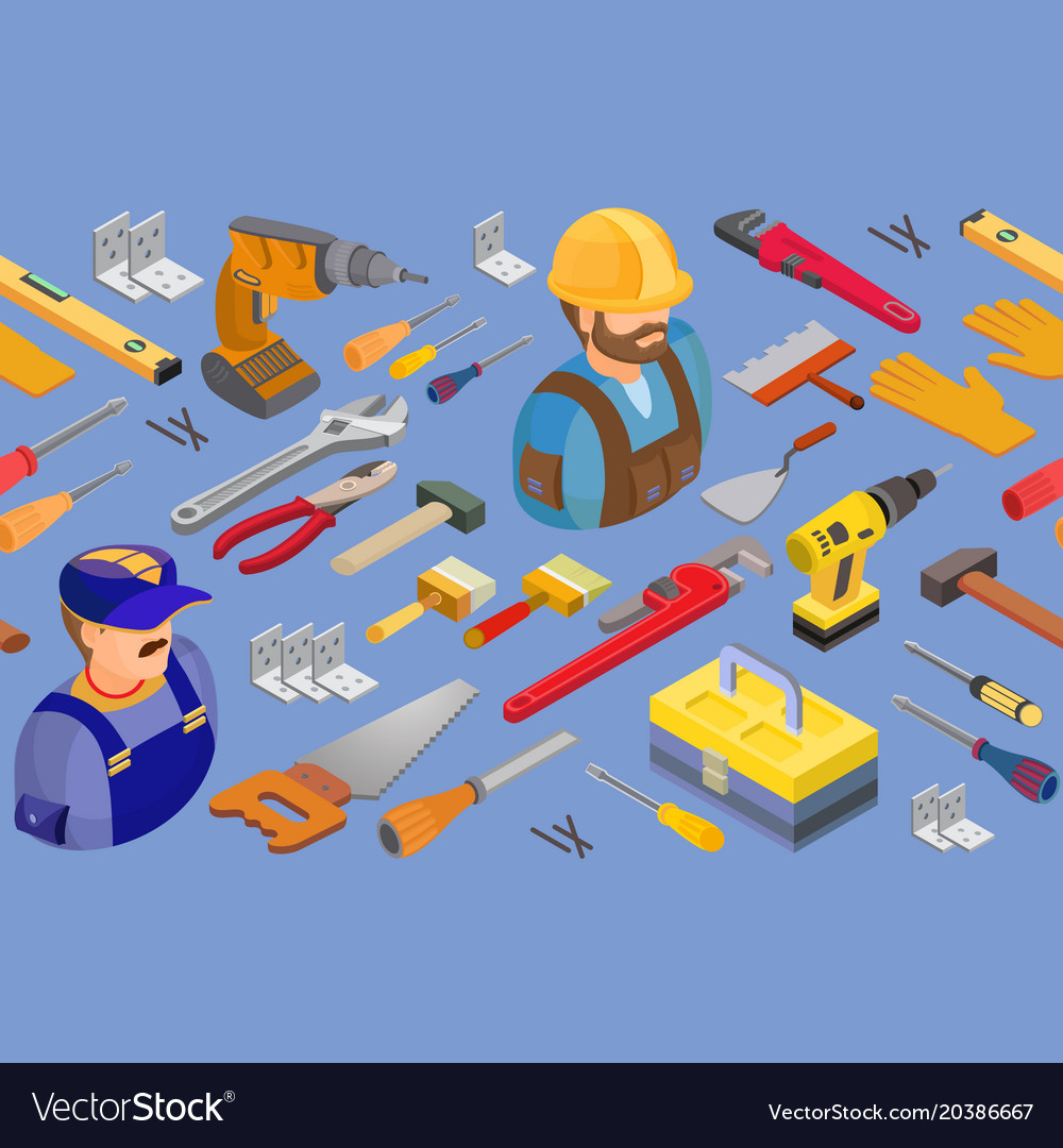 Workers and tools seamless pattern isometric