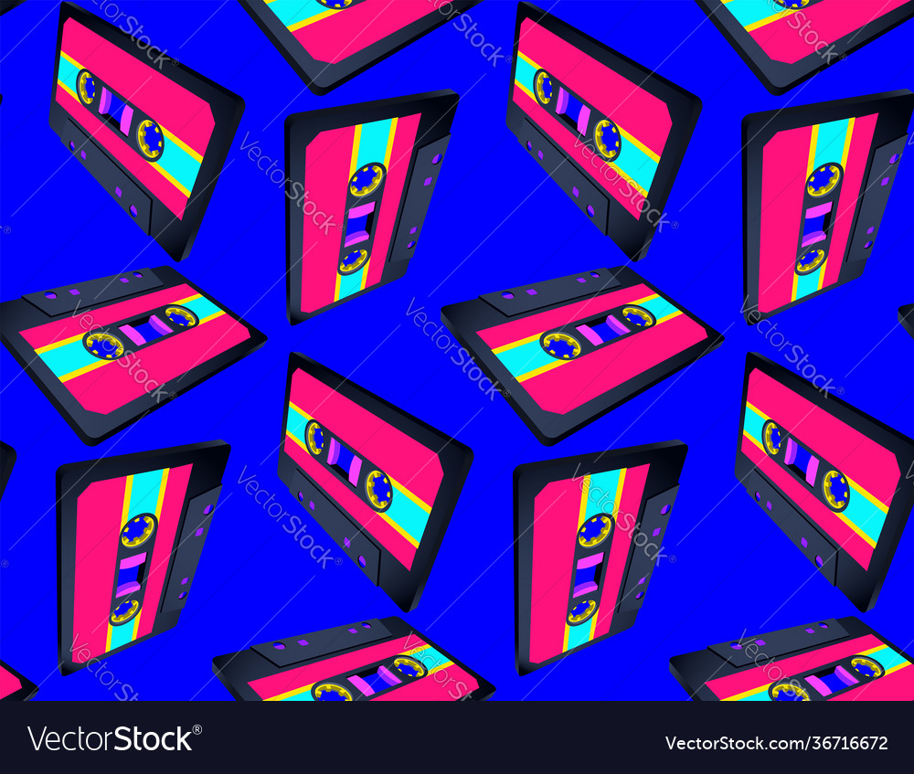 Compact cassette seamless pattern with floating vector image Compact cassette seamless pattern with floating