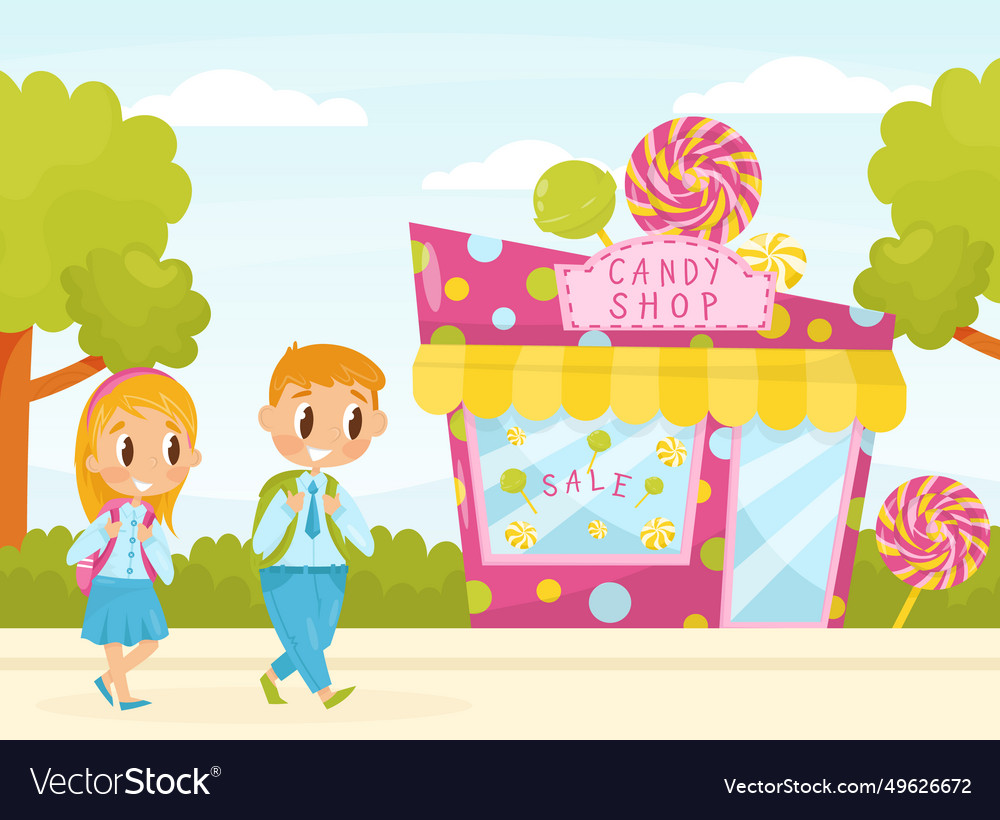 Friendly little kids walking together past candy Vector Image