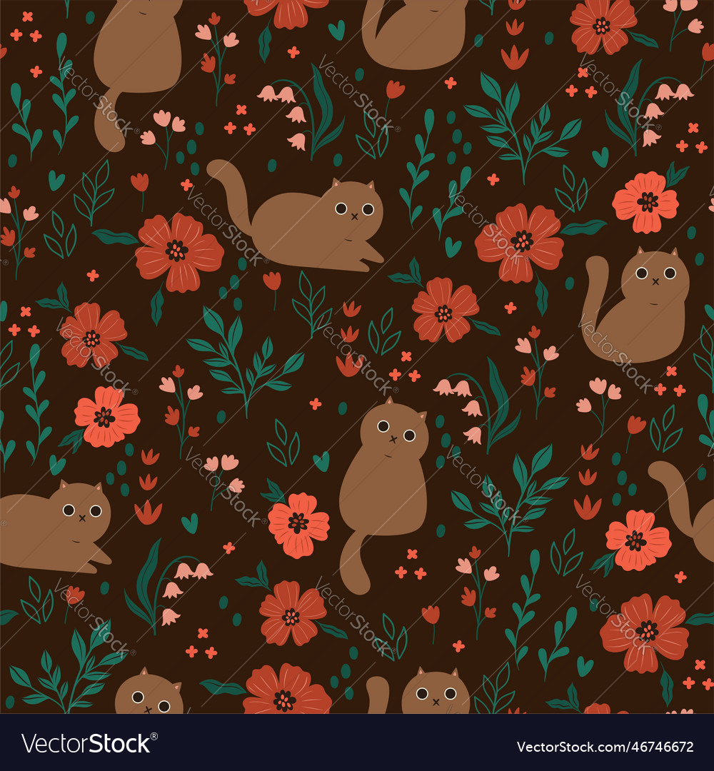 Seamless pattern with cute cats and flowers