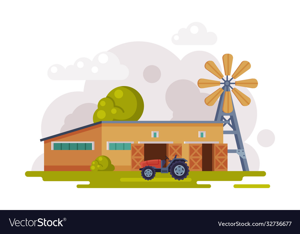 Farm scene with wooden barn windmill water pump Vector Image