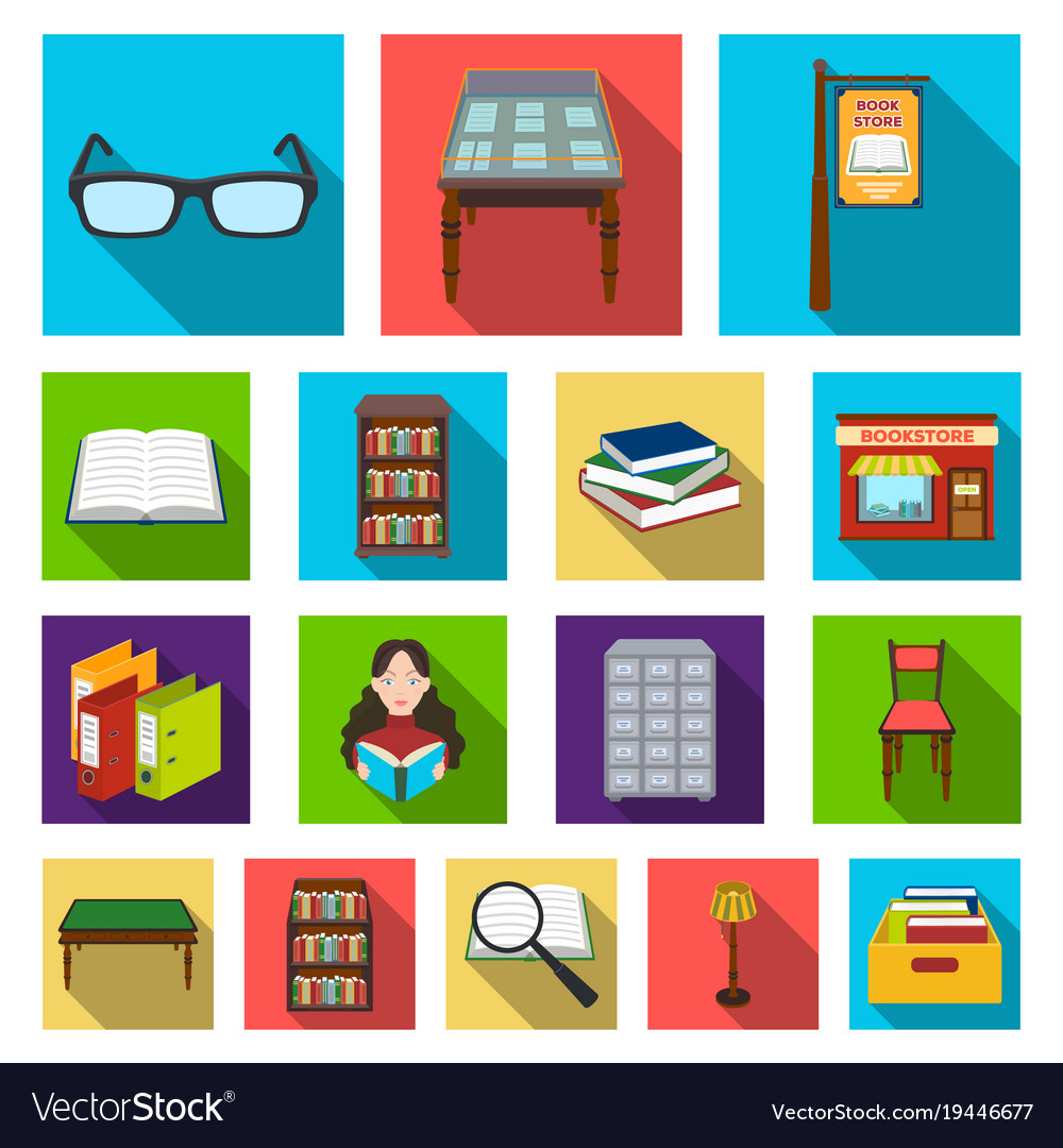 Library and bookstore flat icons in set collection