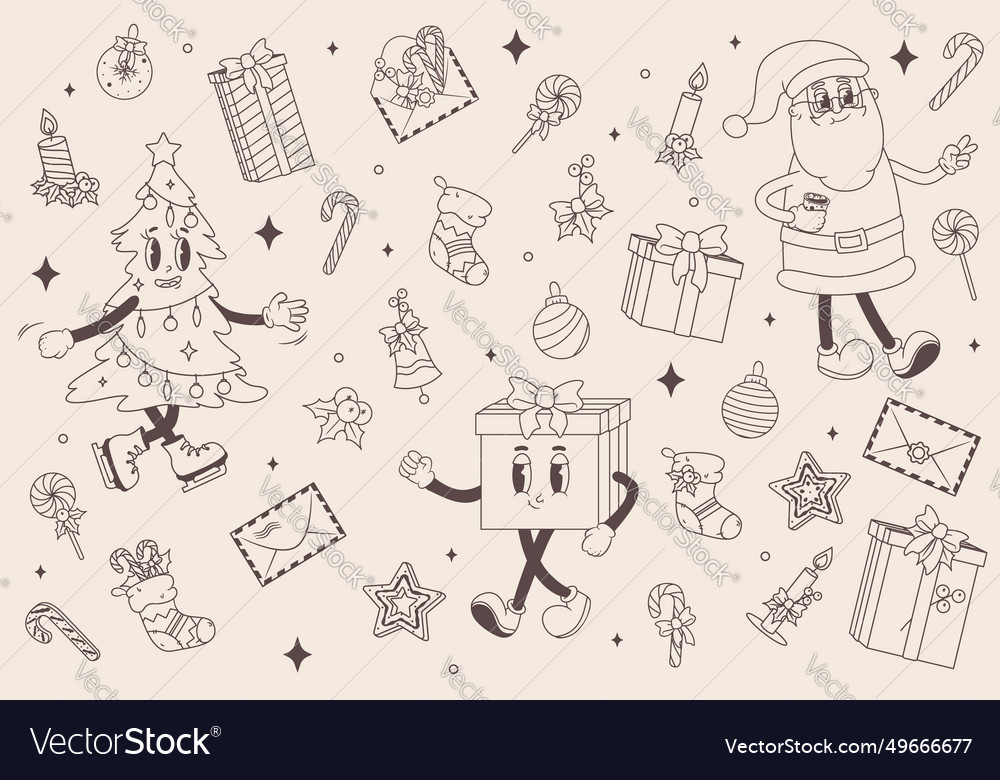 Outline groovy set of christmas symbols