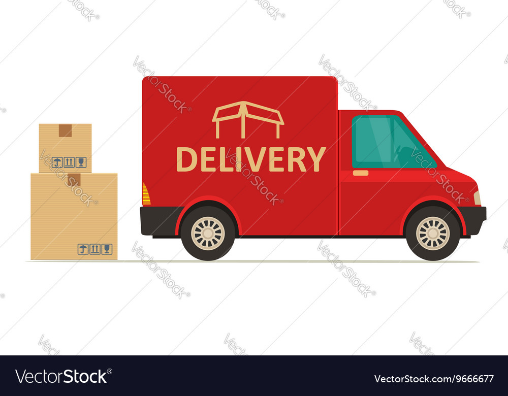 Red delivery van with shadow and cardboard boxes Vector Image