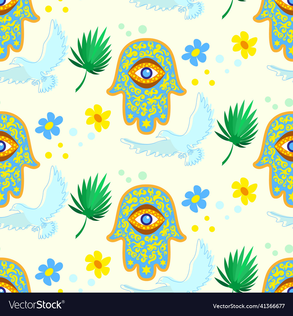 Seamless pattern with hamsa dove and palm branch