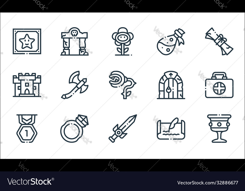 Videogame elements line icons linear set quality