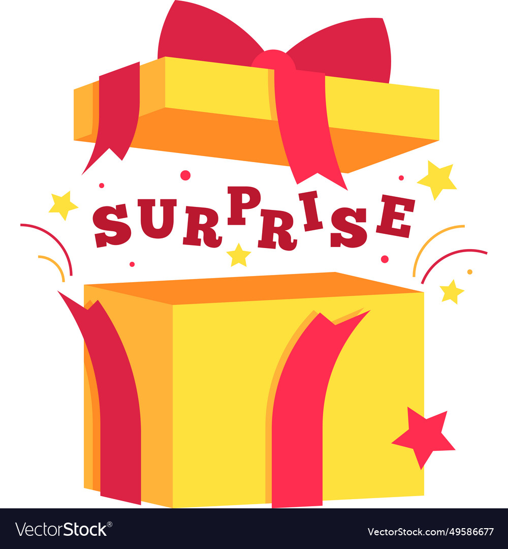 Yellow blank gift box with surprise text in flat