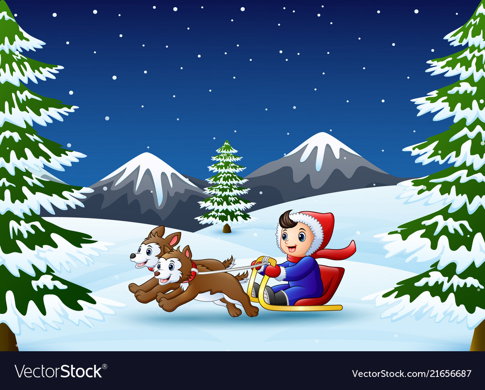 Happy boy riding on a sleigh pulled two dogs at Vector Image