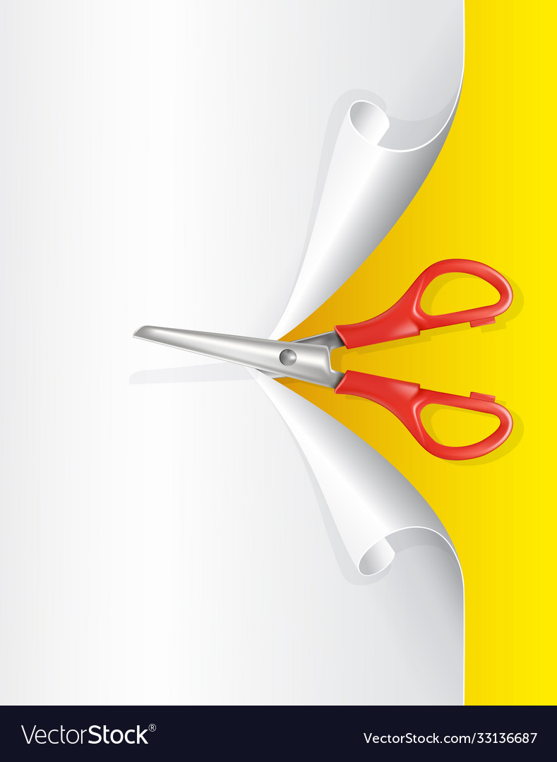 Red scissors and white paper on yellow background