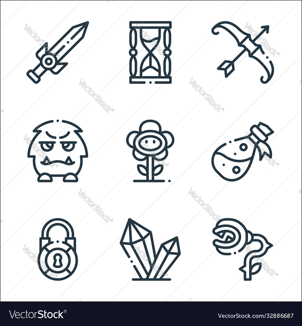 Videogame elements line icons linear set quality vector image Videogame elements line icons linear set quality