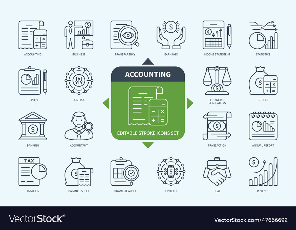 Accounting icons set with description Royalty Free Vector