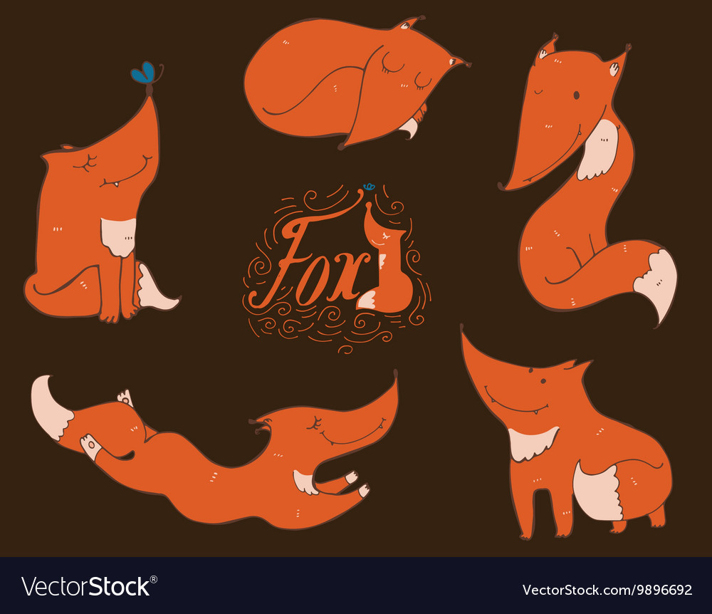 Colorful set of hand drawn cute red foxes