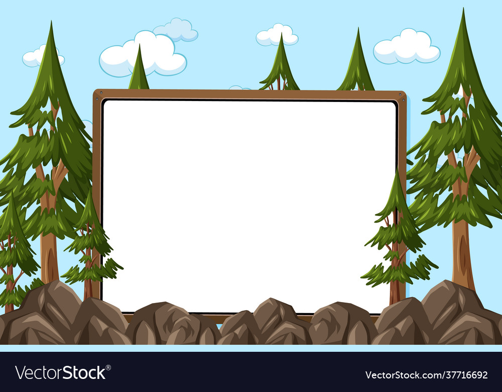 Empty board on sky background with many pine trees vector image Empty board on sky background with many pine trees