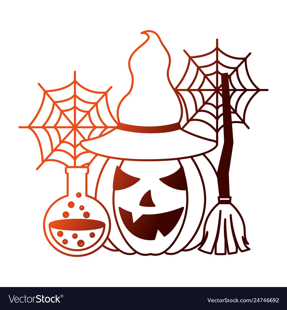 Halloween pumpkin with witch hat and set icons