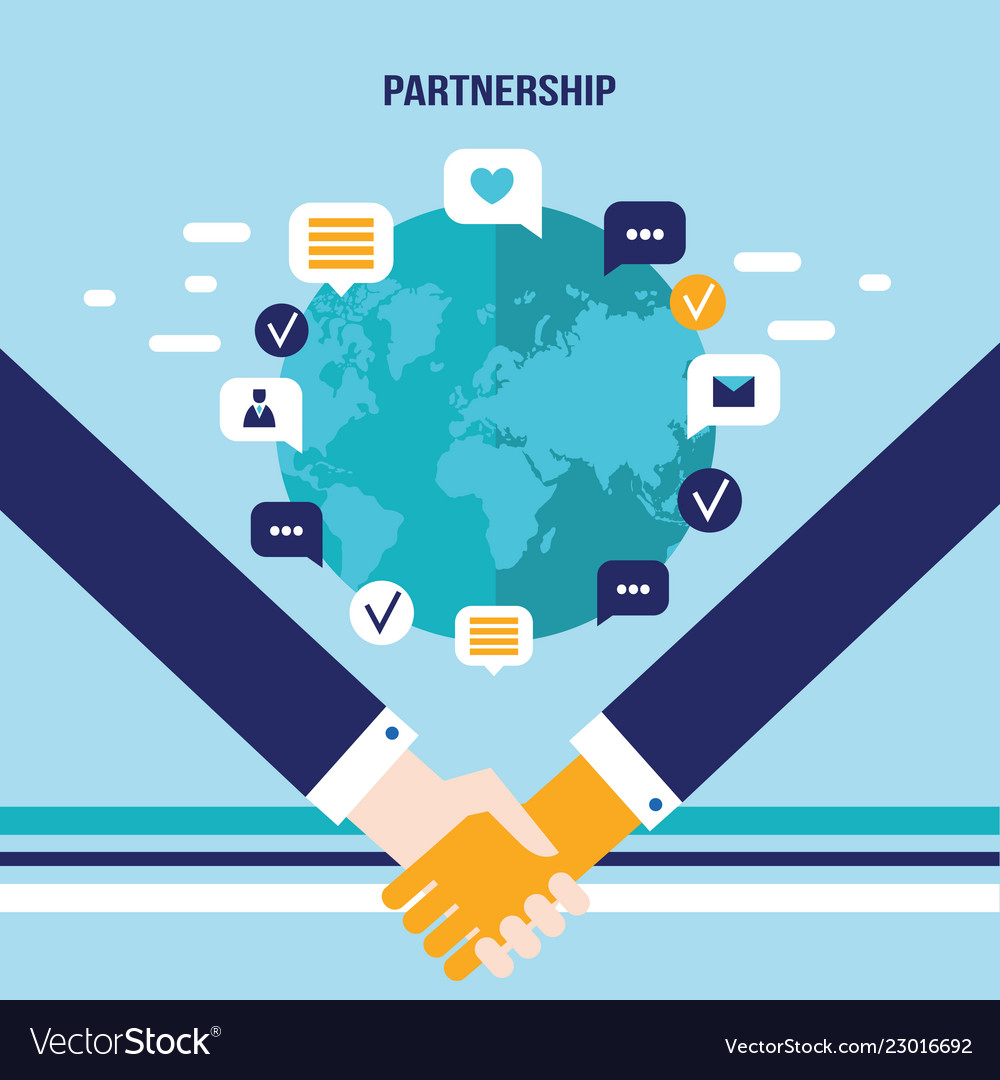 Handshake and icons for web on world map Vector Image Handshake and icons for web on world map
