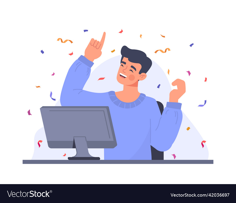 Happy Man with Confetti on Computer