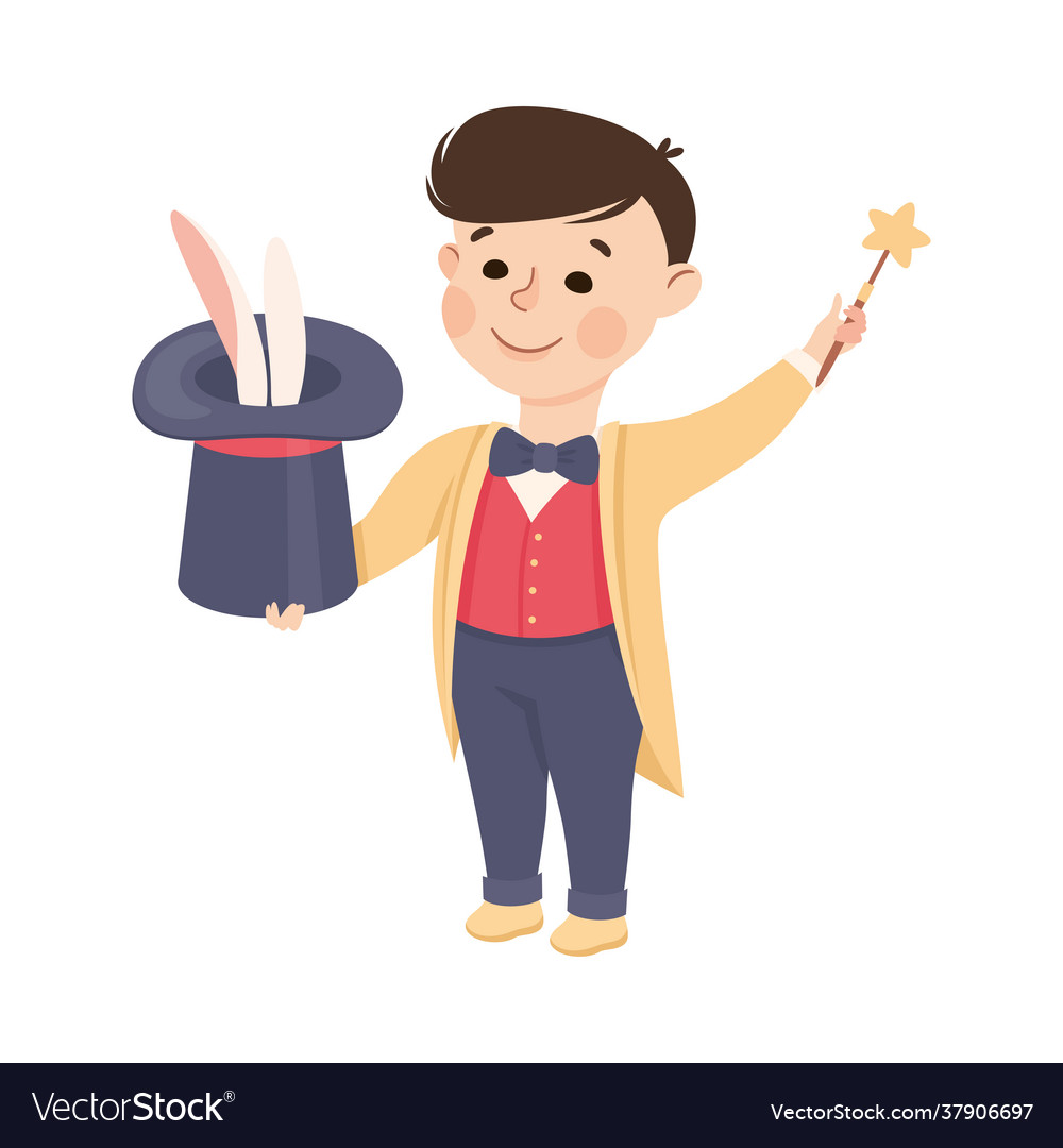 Little boy with magic wand and top hat Royalty Free Vector