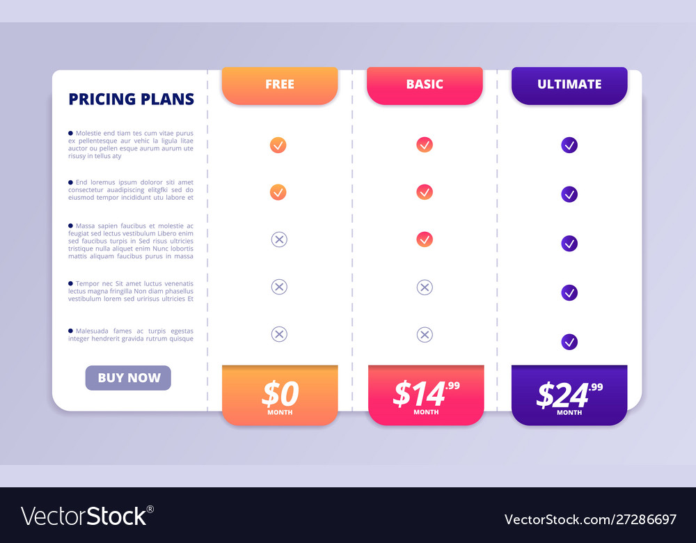 Pricing tab web table price list page Royalty Free Vector
