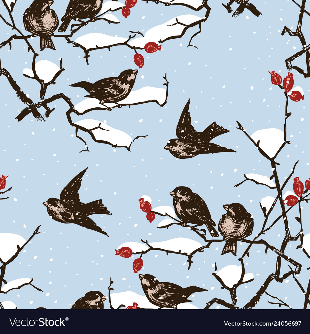 Seamless pattern of sparrows on branches