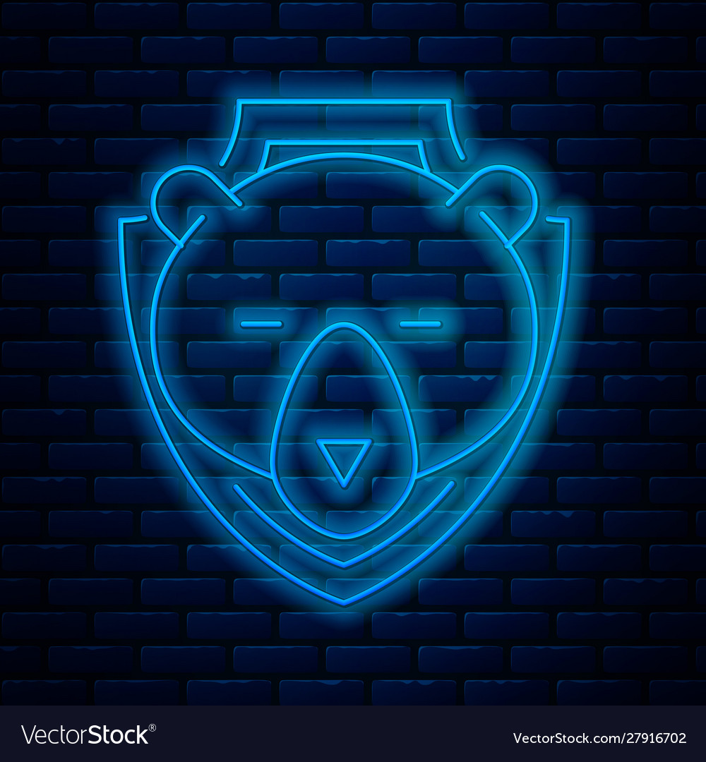 Glowing neon line bear head on shield icon