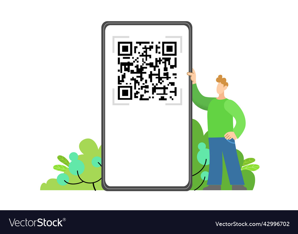 Man holding smartphone with qr code on screen vector image Man holding smartphone with qr code on screen