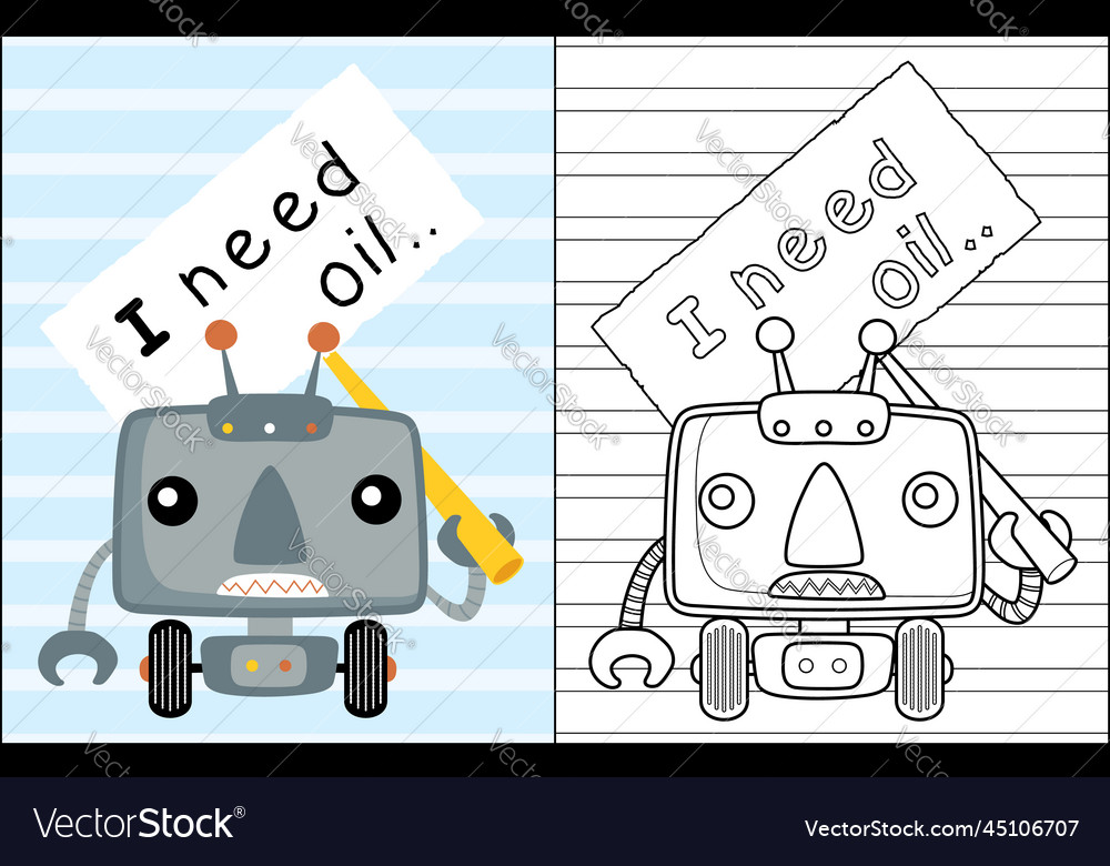 Coloring book of funny little robot with board