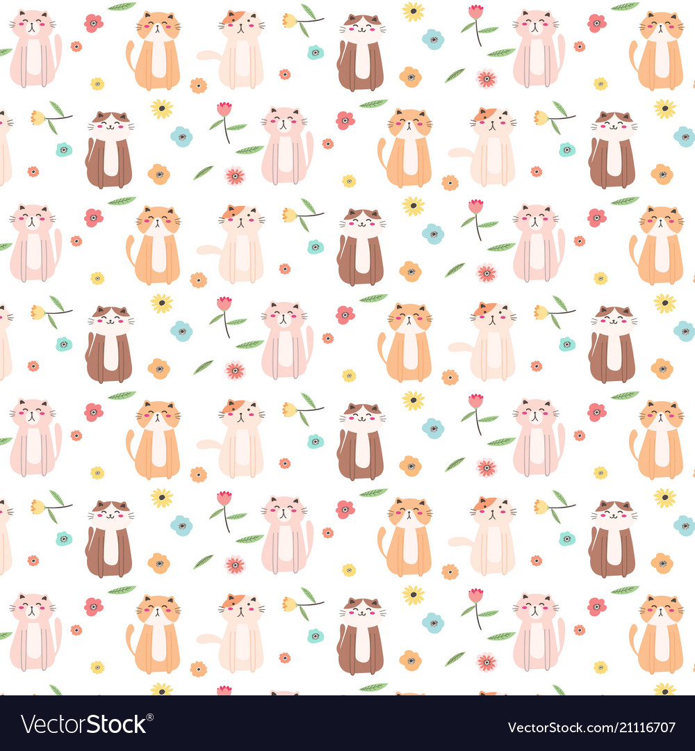 Cute cat and floral pattern background vector image Cute cat and floral pattern background
