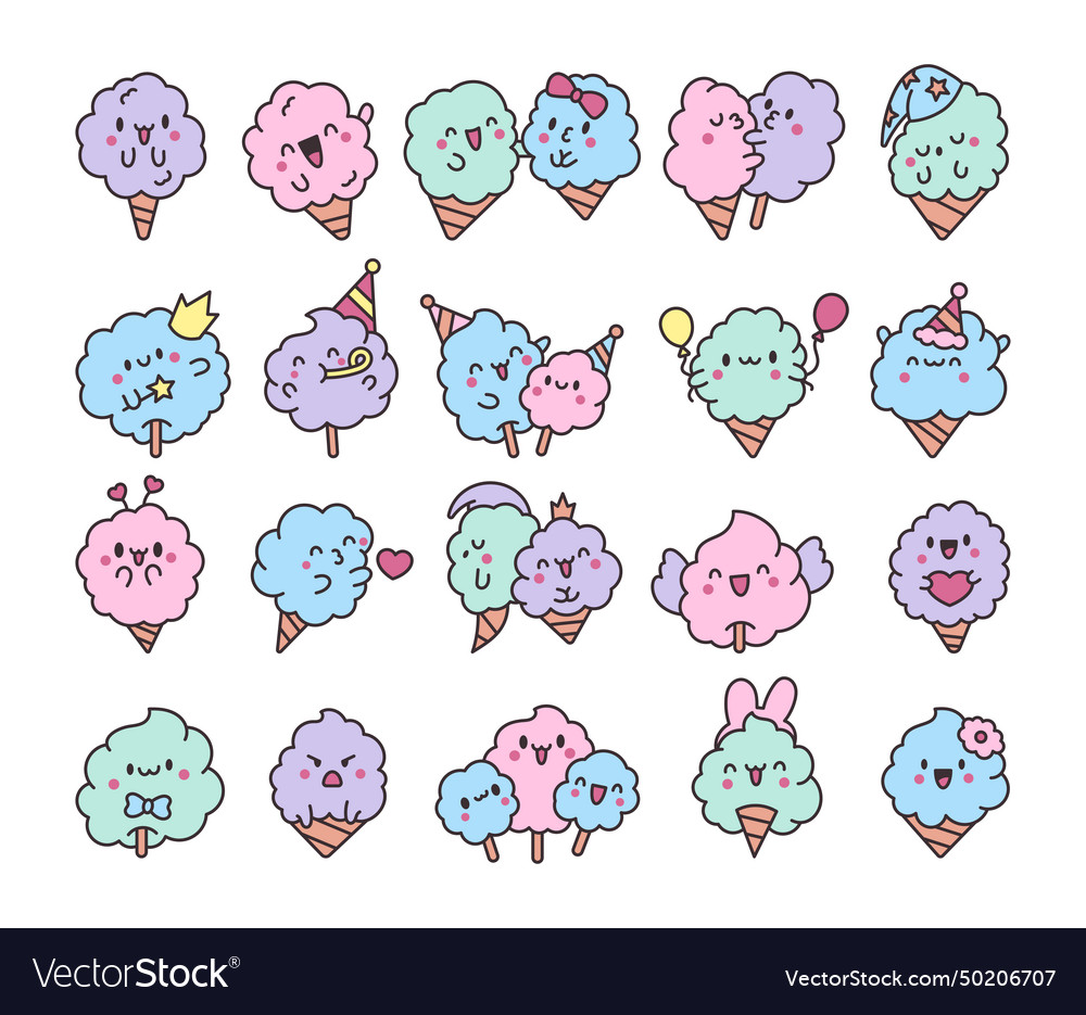 Cute kawaii cotton candy with a smile sweet sugar Vector Image