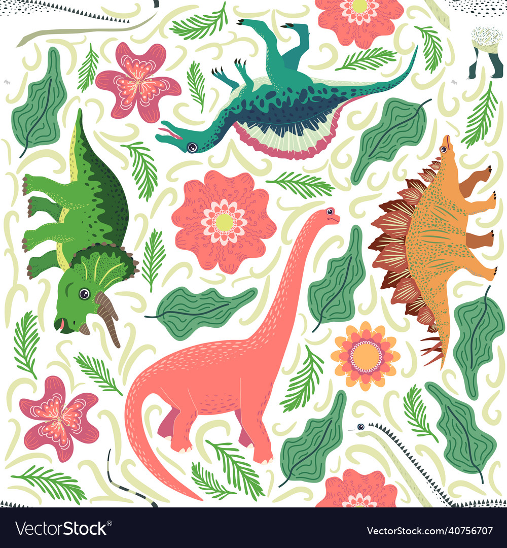 Hand drawn seamless pattern with dinosaurs