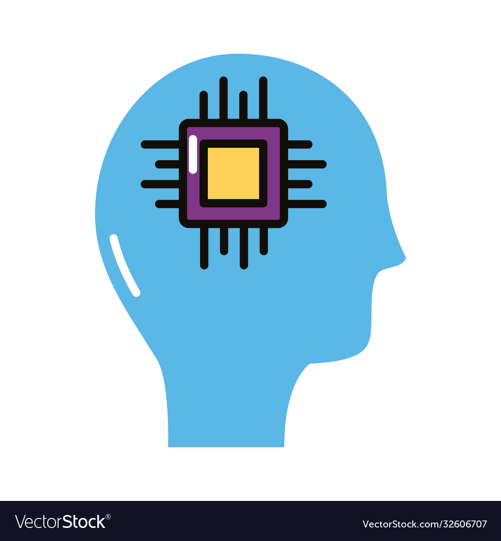 Human profile with processor chip line and fill Vector Image Human profile with processor chip line and fill