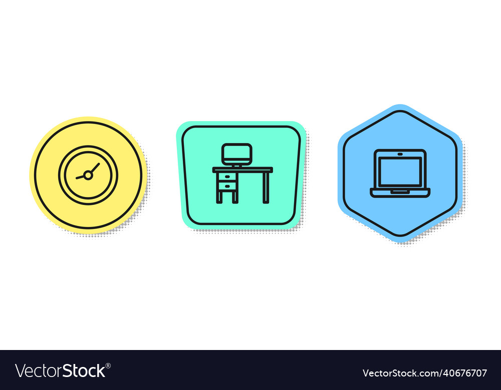 Set line clock computer monitor and desk vector image Set line clock computer monitor and desk
