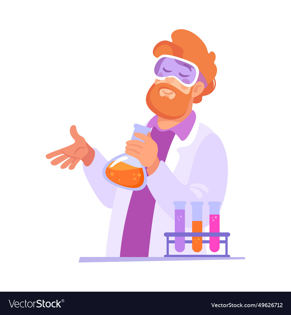 Bearded man at laboratory with flask conduct