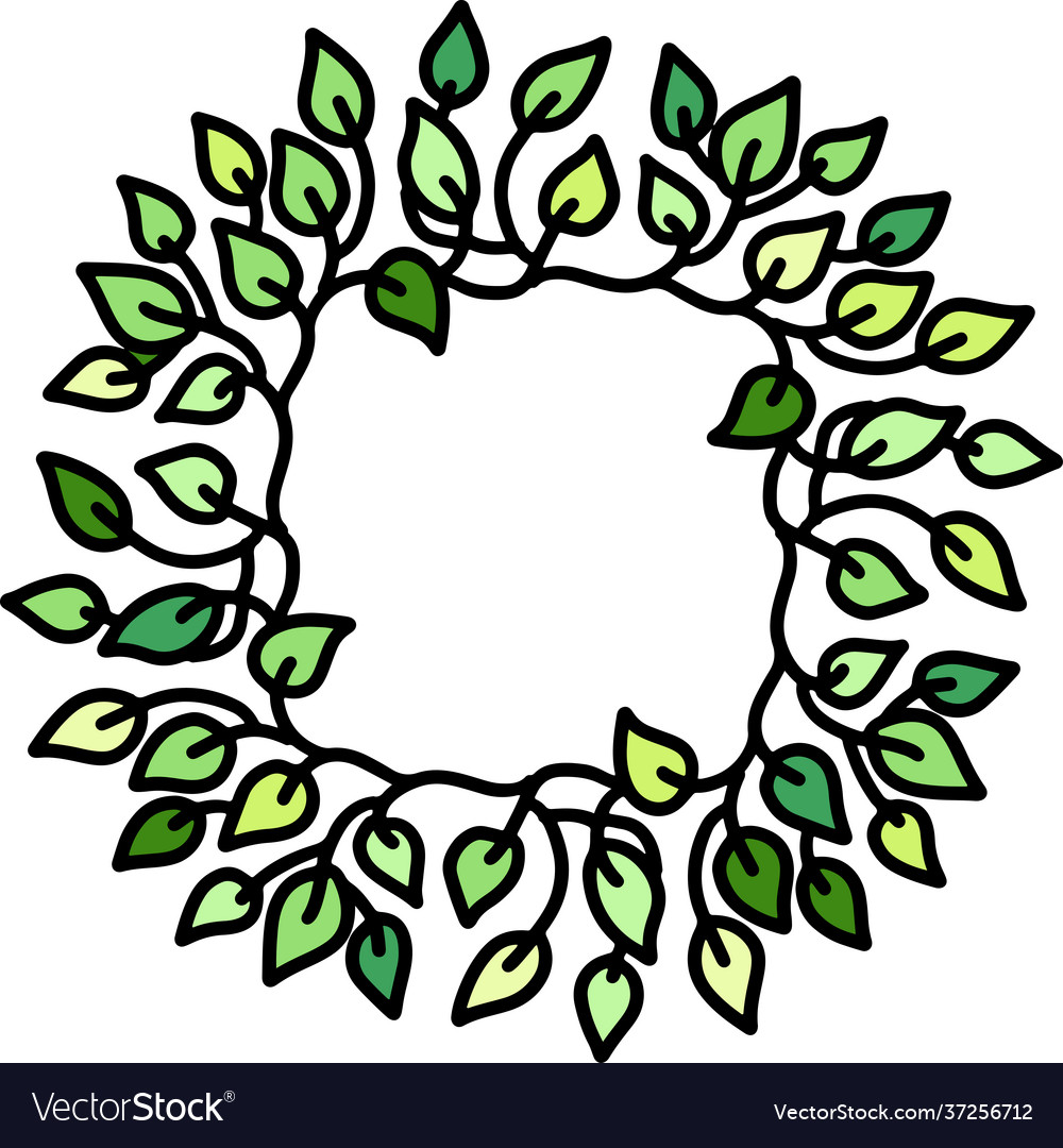Green leaves frame in eco style doodle round