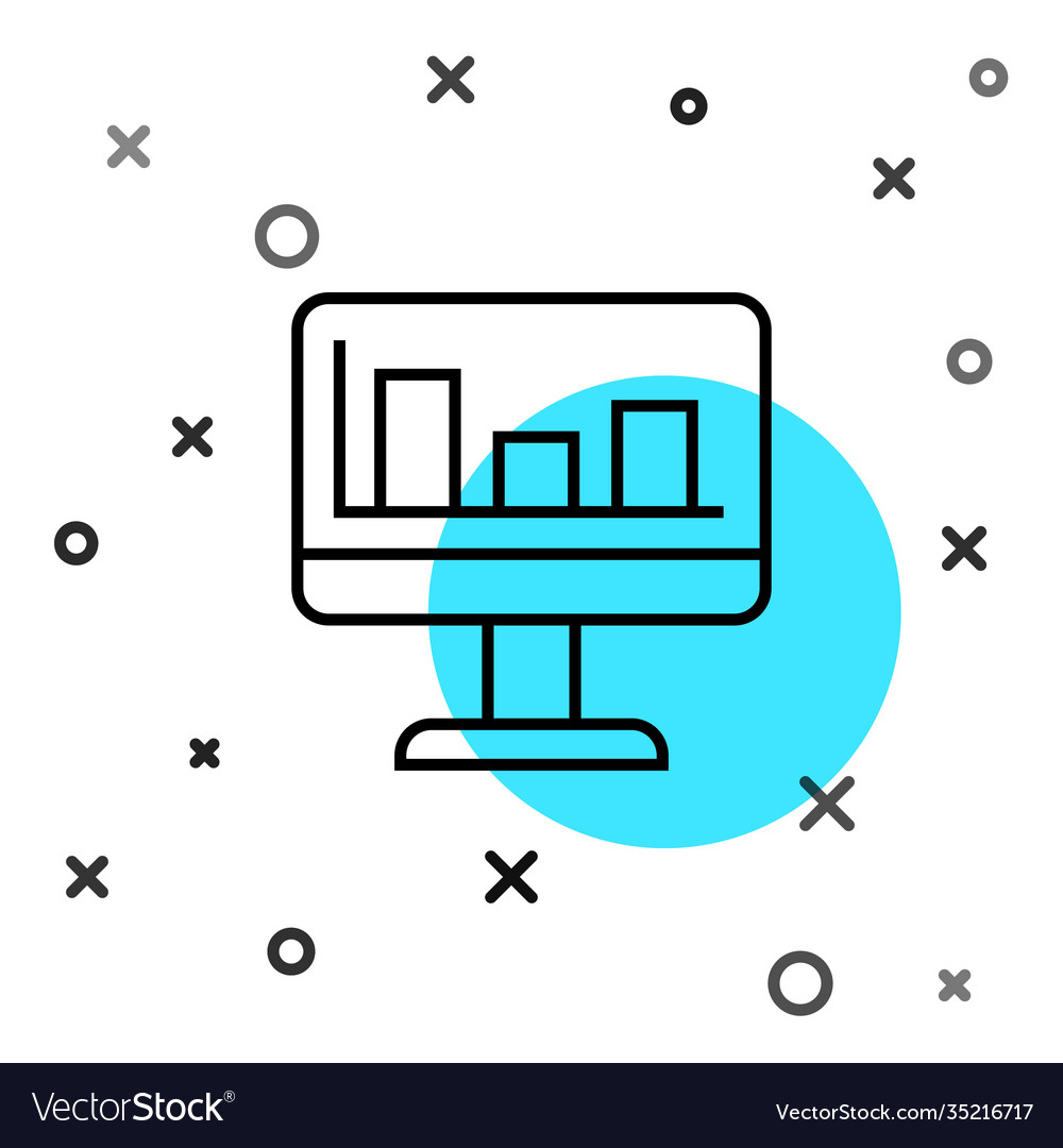 Black line computer monitor with graph chart icon