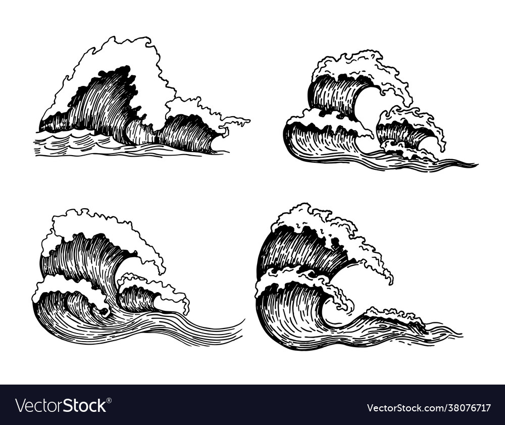 Sea waves vintage sketch ocean tidal storms Vector Image