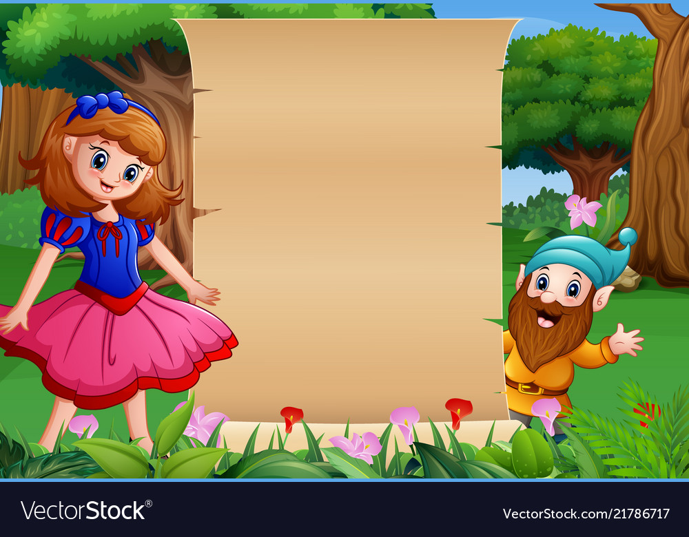 Snow white with dwarf and paper blank sign