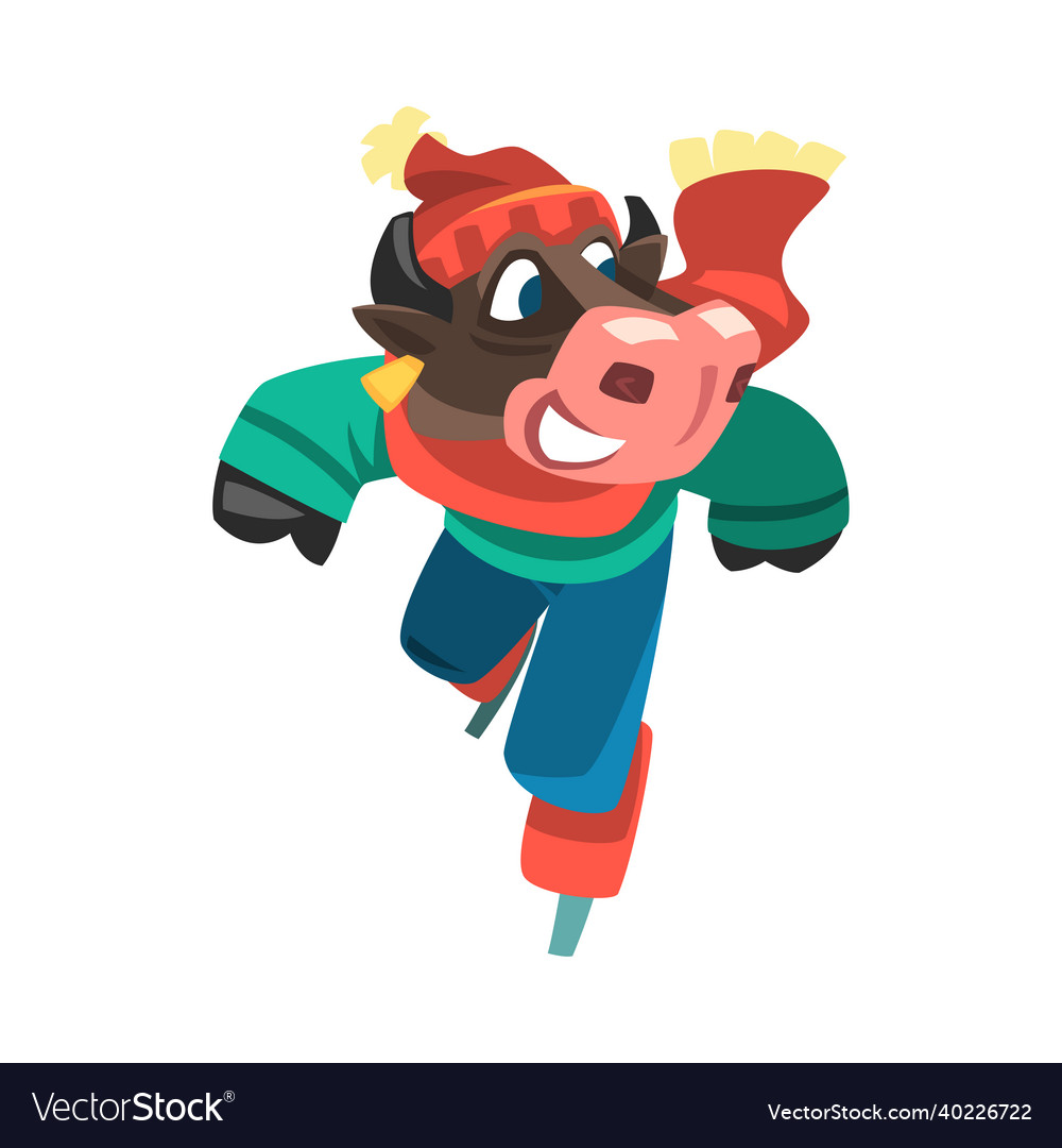 Cow in hat and scarf ice skating doing sport vector image Cow in hat and scarf ice skating doing sport