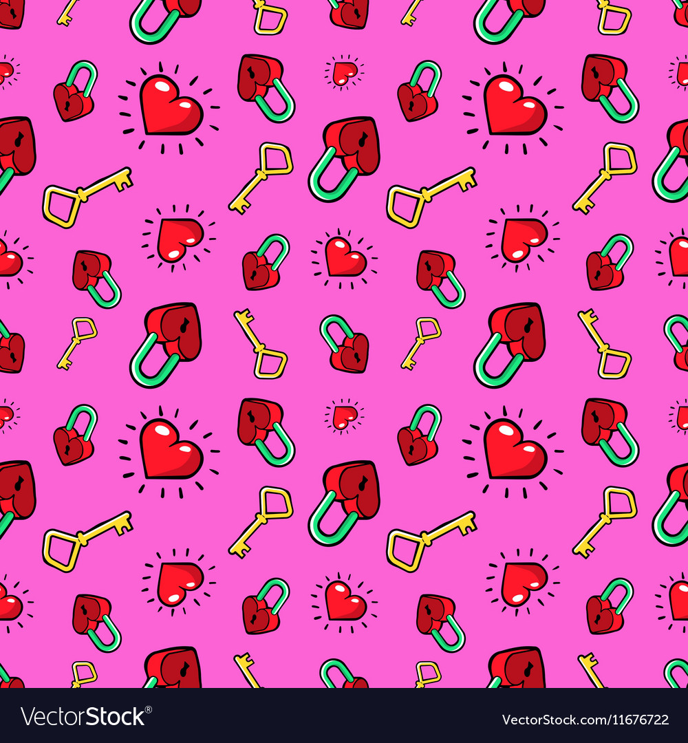 Hearts and golden keys seamless pattern